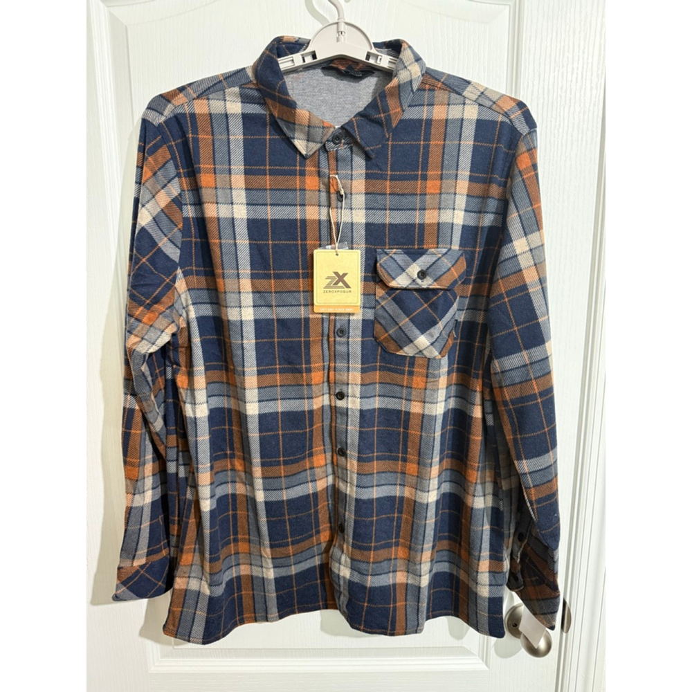 Men's ZEROXPOSUR XXL Navy Blue Orange Plaid Casual Button Down Shirt